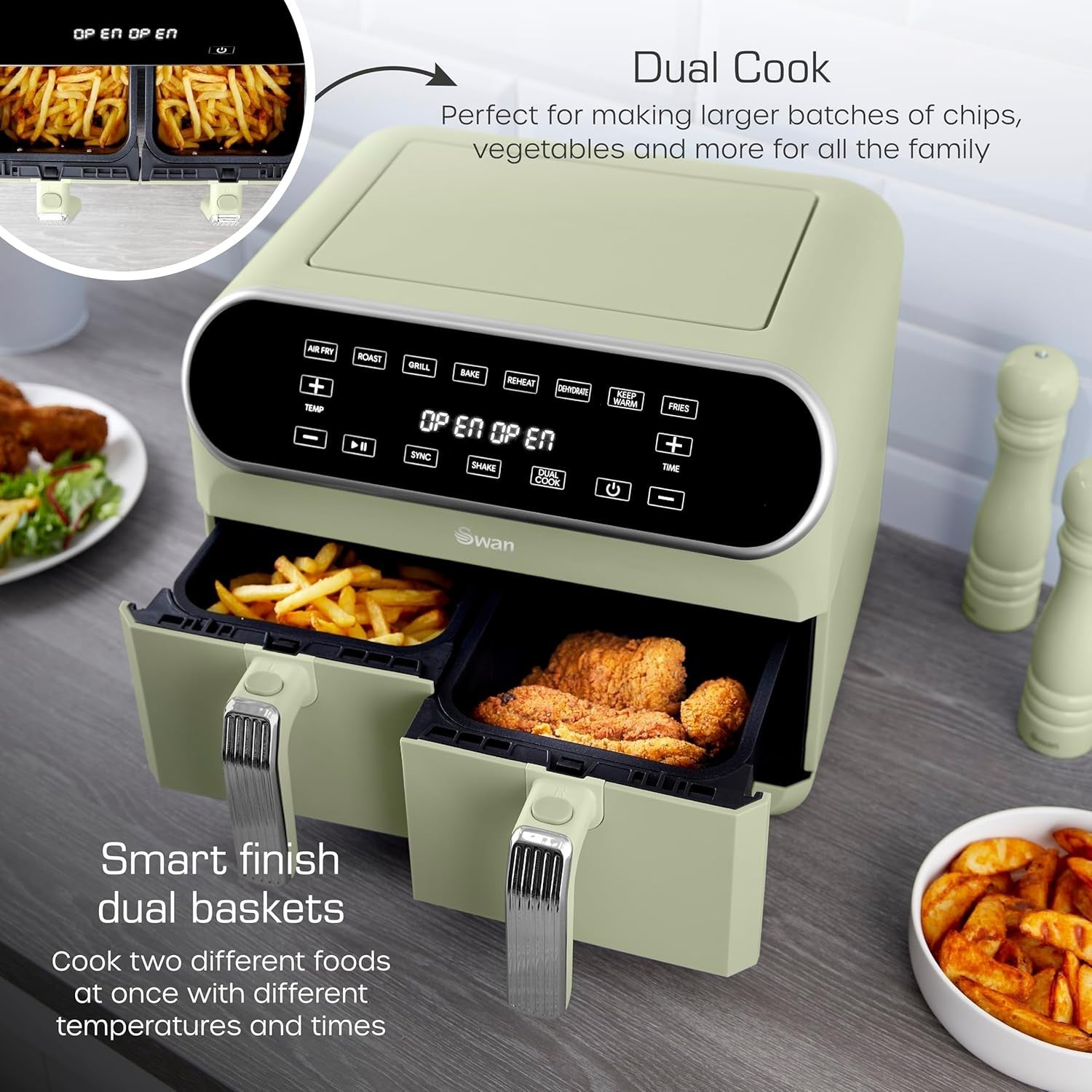 8L Dual Basket Air Fryer 1700W |  Retro Green 8 Presets Healthy Oil-Free Cooking