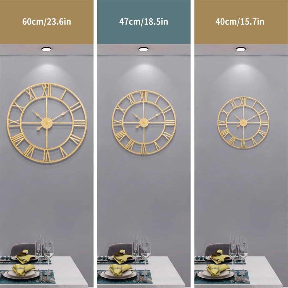 40cm Gold Roman Numeral Wall Clock Metal Silent Quartz Large Modern Decor