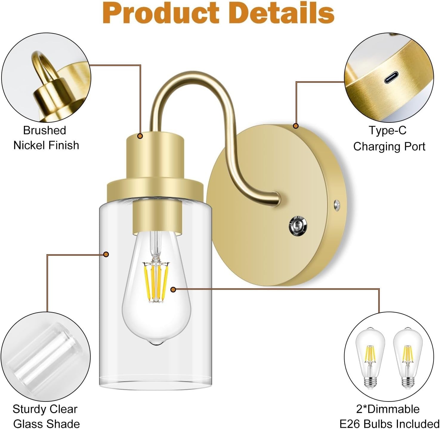 Gold Wall Sconces 2-Pack Rechargeable LED Lights, Remote, Dimmable, No Wiring