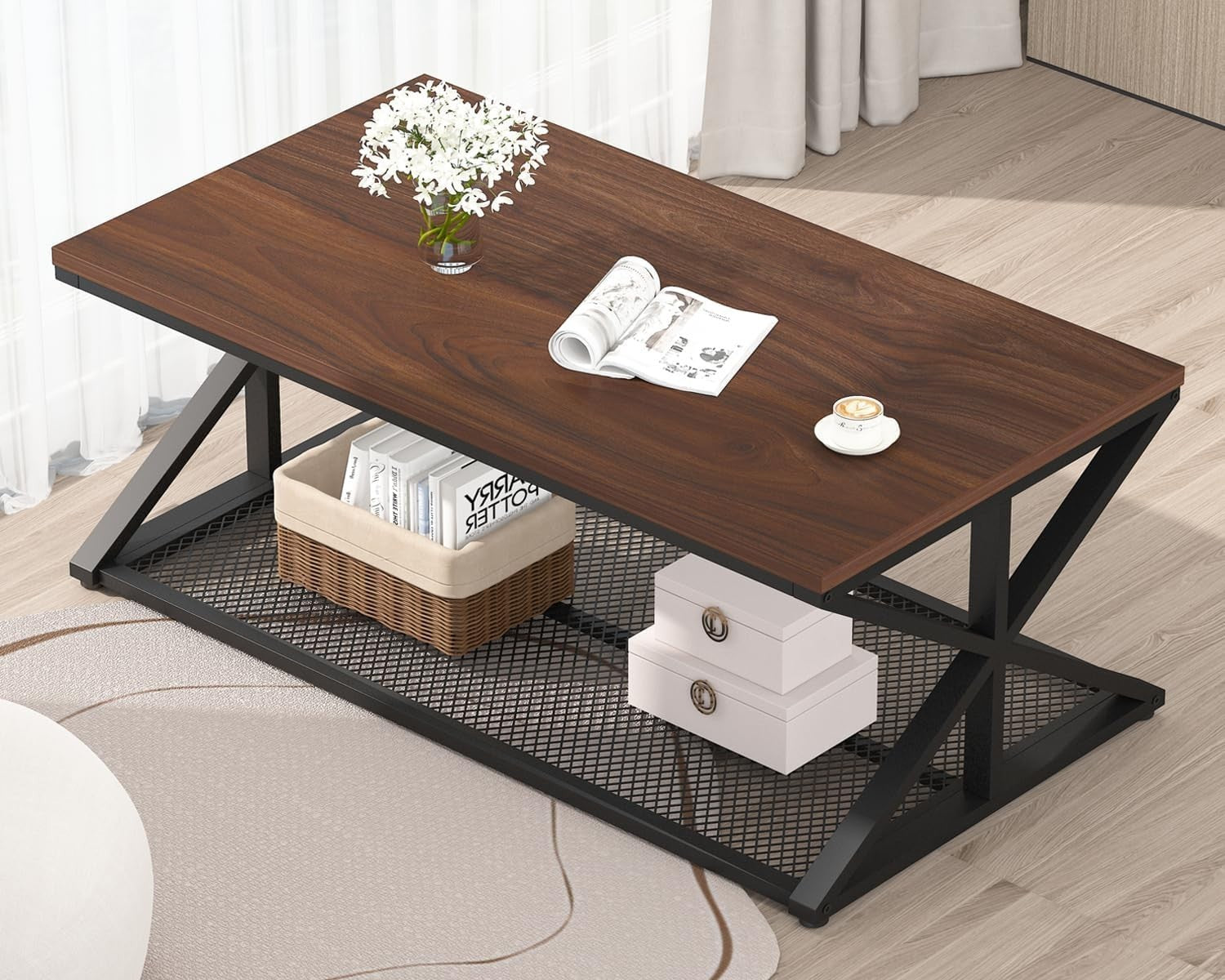 Walnut Coffee Table with Storage Shelf – Industrial 2-Tier Metal Frame 120cm