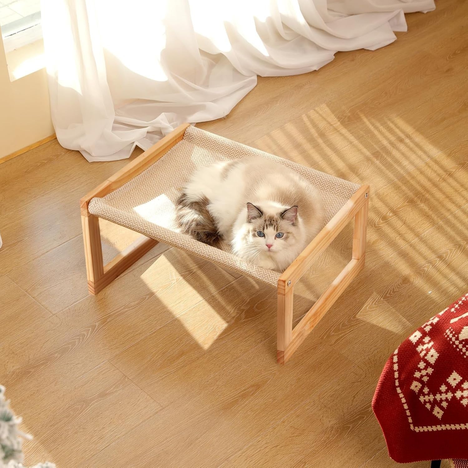 Wooden Cat Hammock Bed Elevated Pet Cot Breathable Washable 53cm