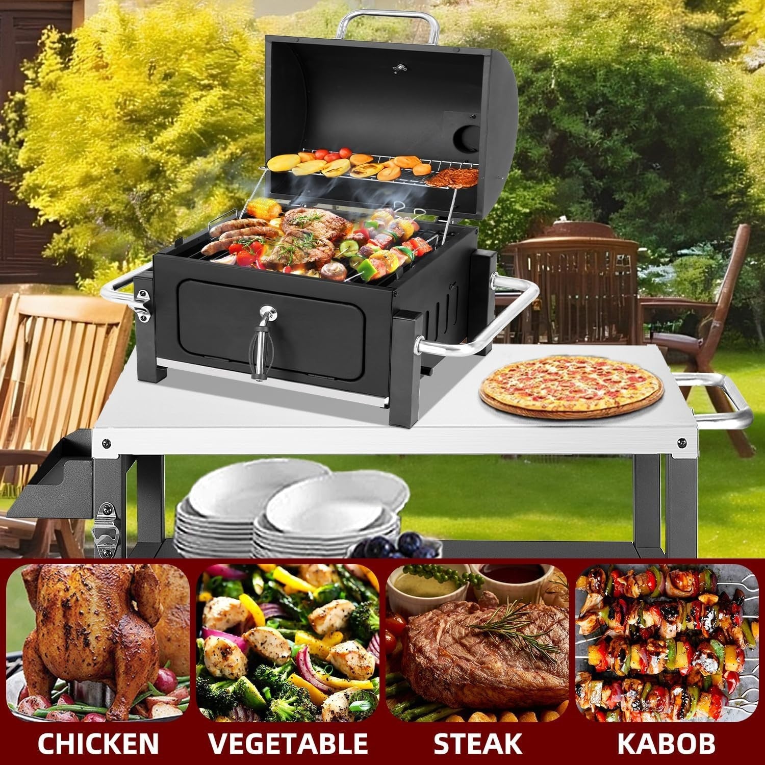 Portable Charcoal BBQ Grill with Chimney Lid & Thermometer for Camping & Patios