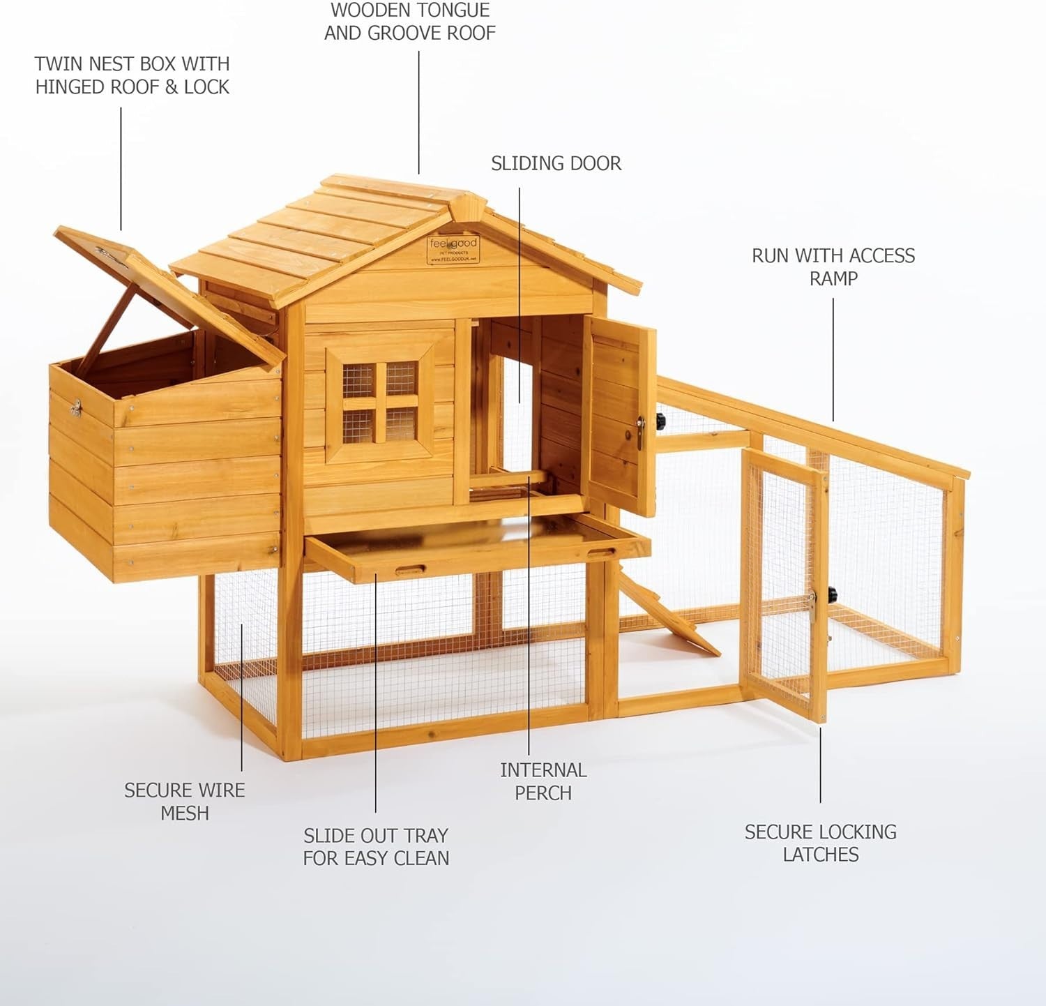Medium Wooden Chicken Coop with Run Nest Box Slide Out Tray Secure
