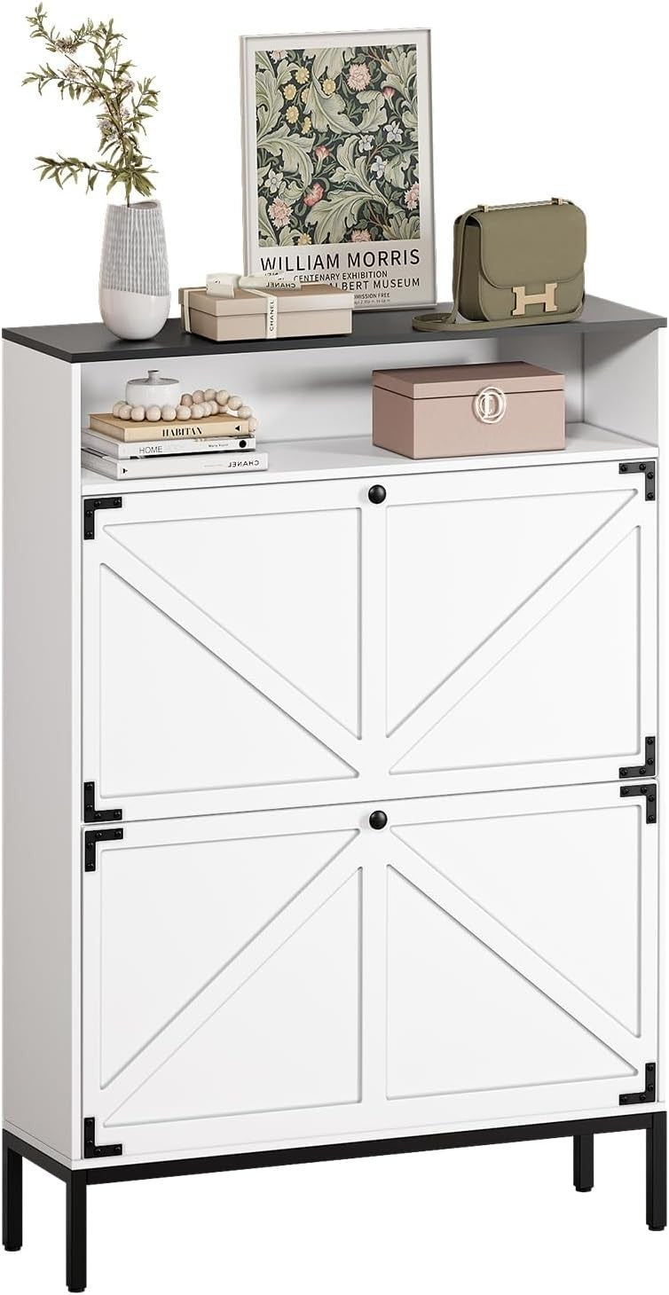 3 Tier Shoe Storage Cabinet with 2 Flip Doors & Open Shelf – 80x24x114cm