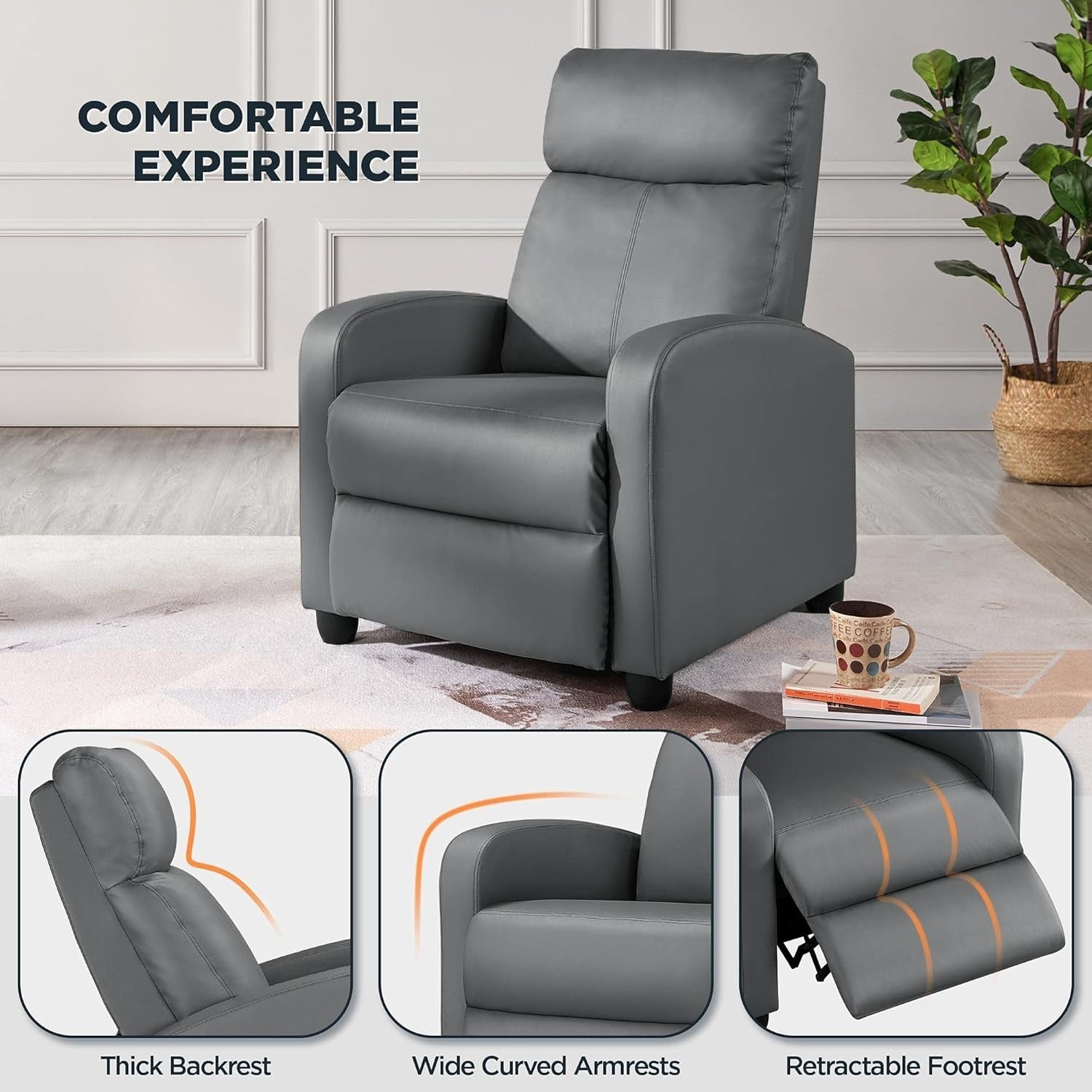Grey PU Leather Recliner Armchair Adjustable Sofa Chair for Home Lounge