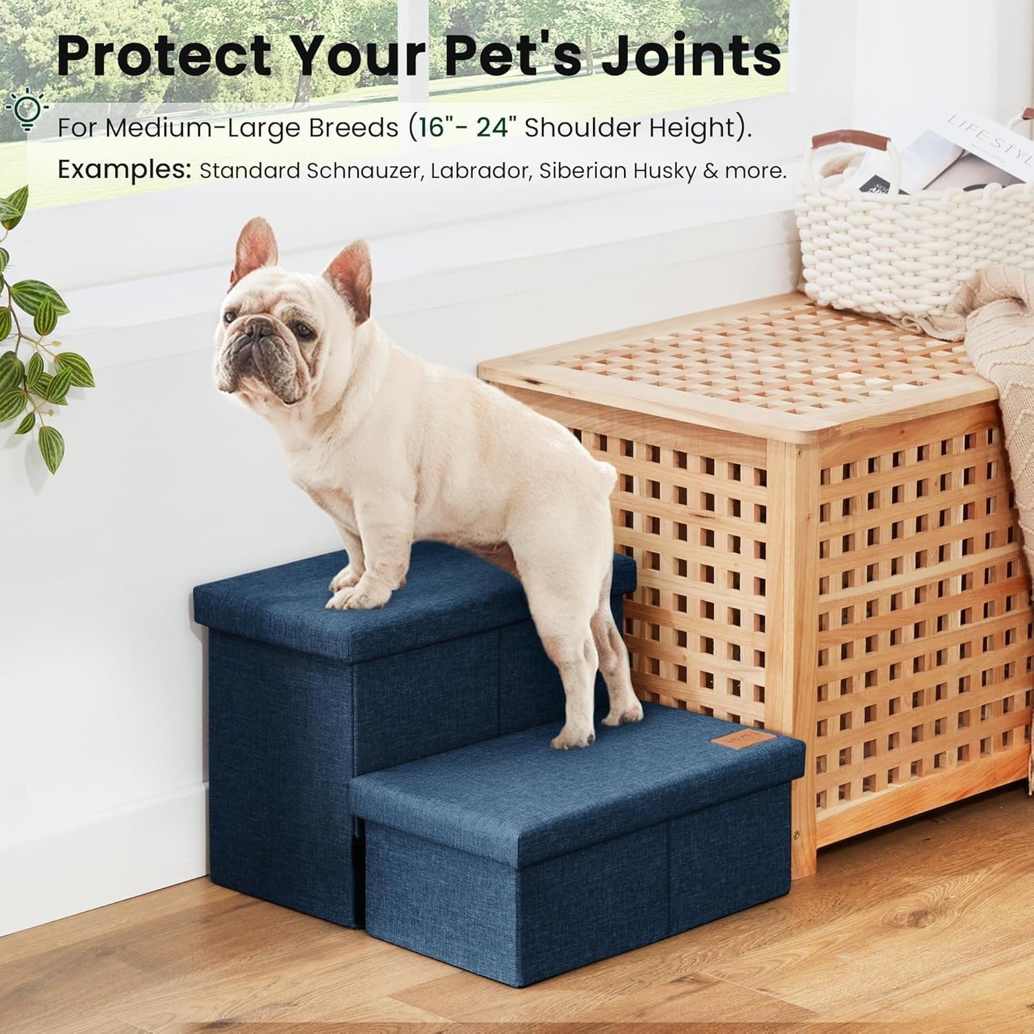 Dog Stairs with Storage 2 Step Foldable Pet Steps Ramp Navy 13"