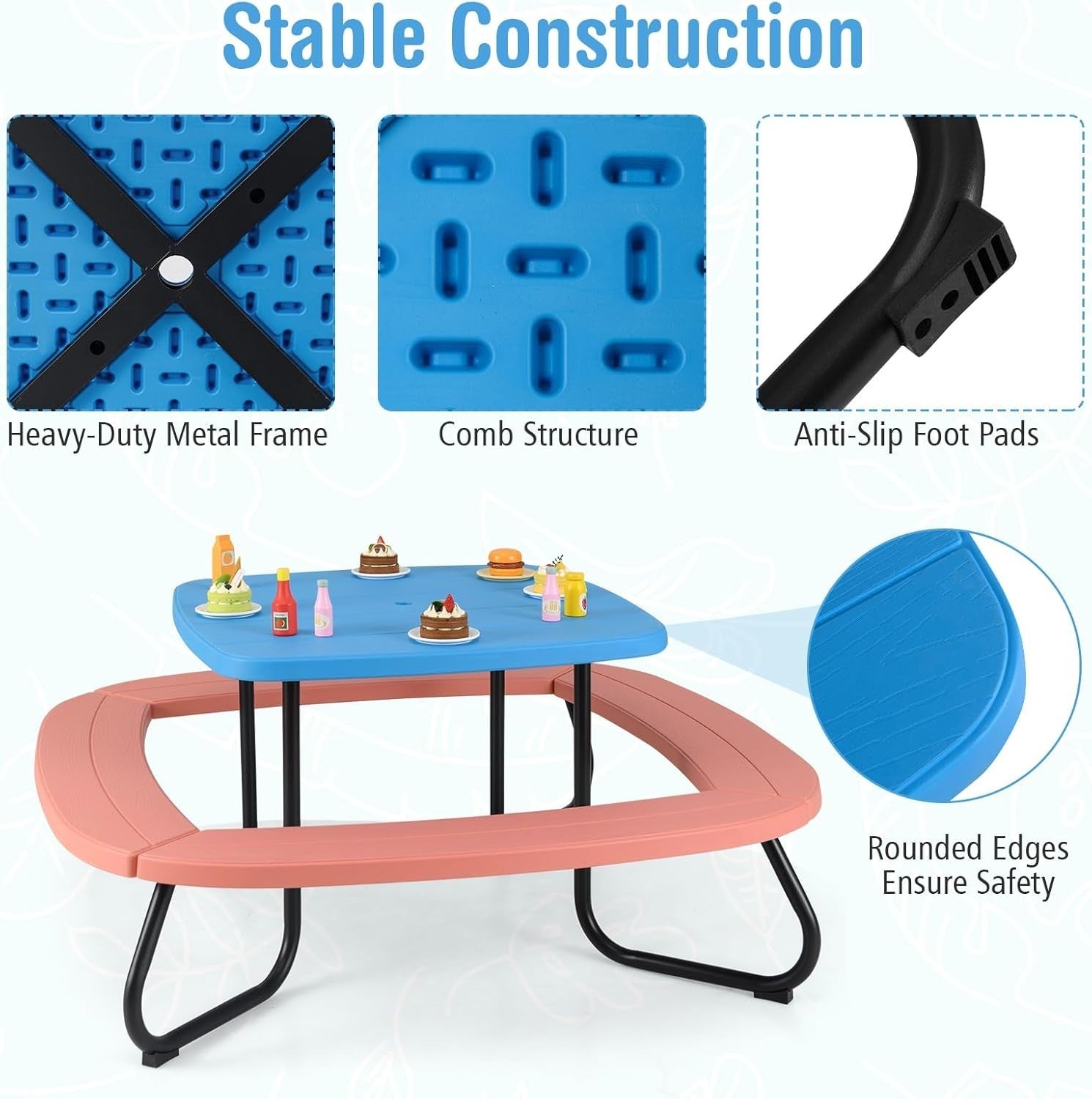 Kids Outdoor Picnic Table Set with Adjustable Umbrella, Seats 8, Red+Blue