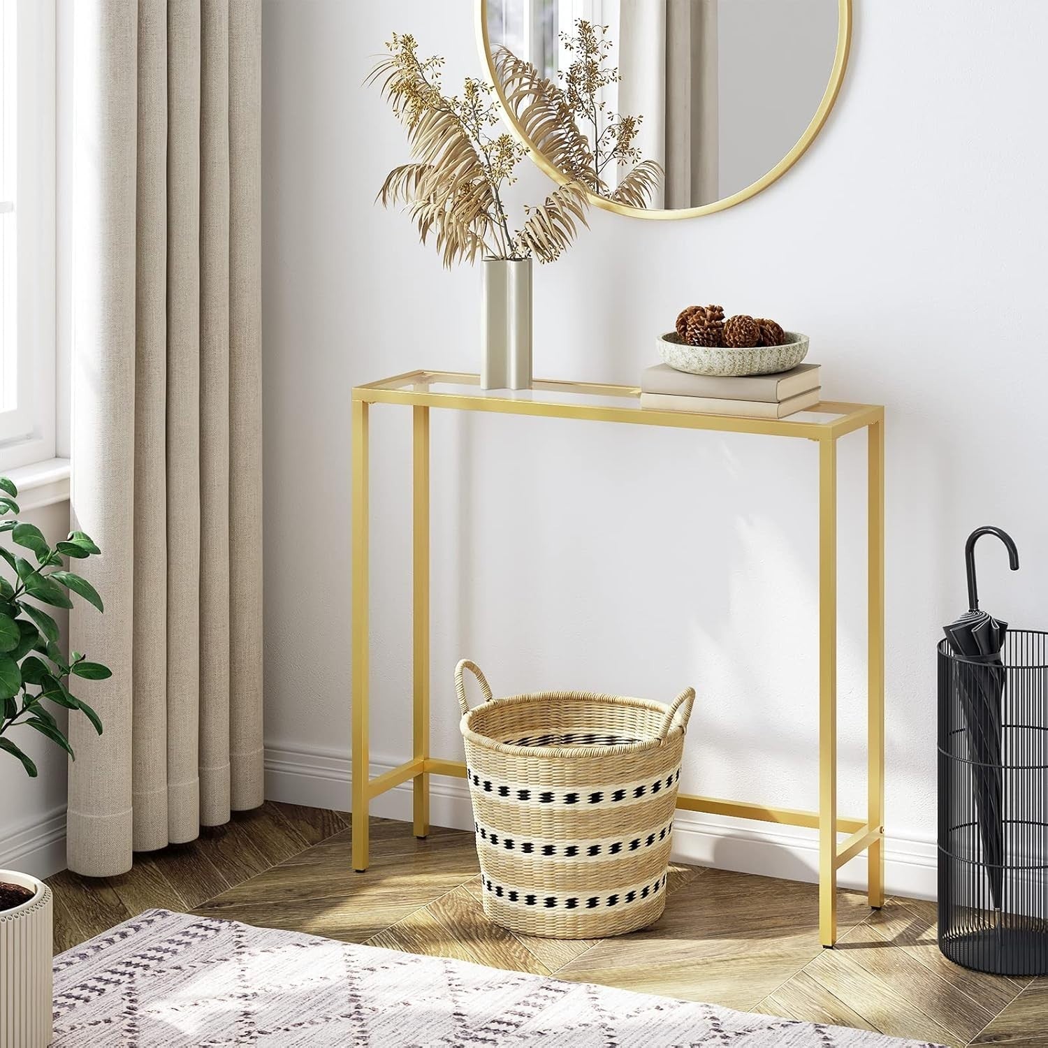 Tempered Glass Console Table Slim Gold Frame for Entryway & Living Room