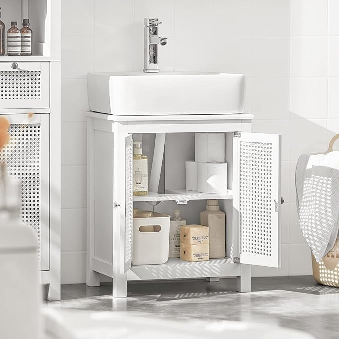White Under Sink Bathroom Cabinet 60cm Vanity Storage Unit with Louvered Doors