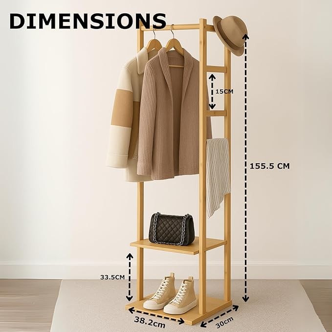 Wooden Coat Rack with 2 Shelves | Freestanding Bamboo Hall Tree Stand