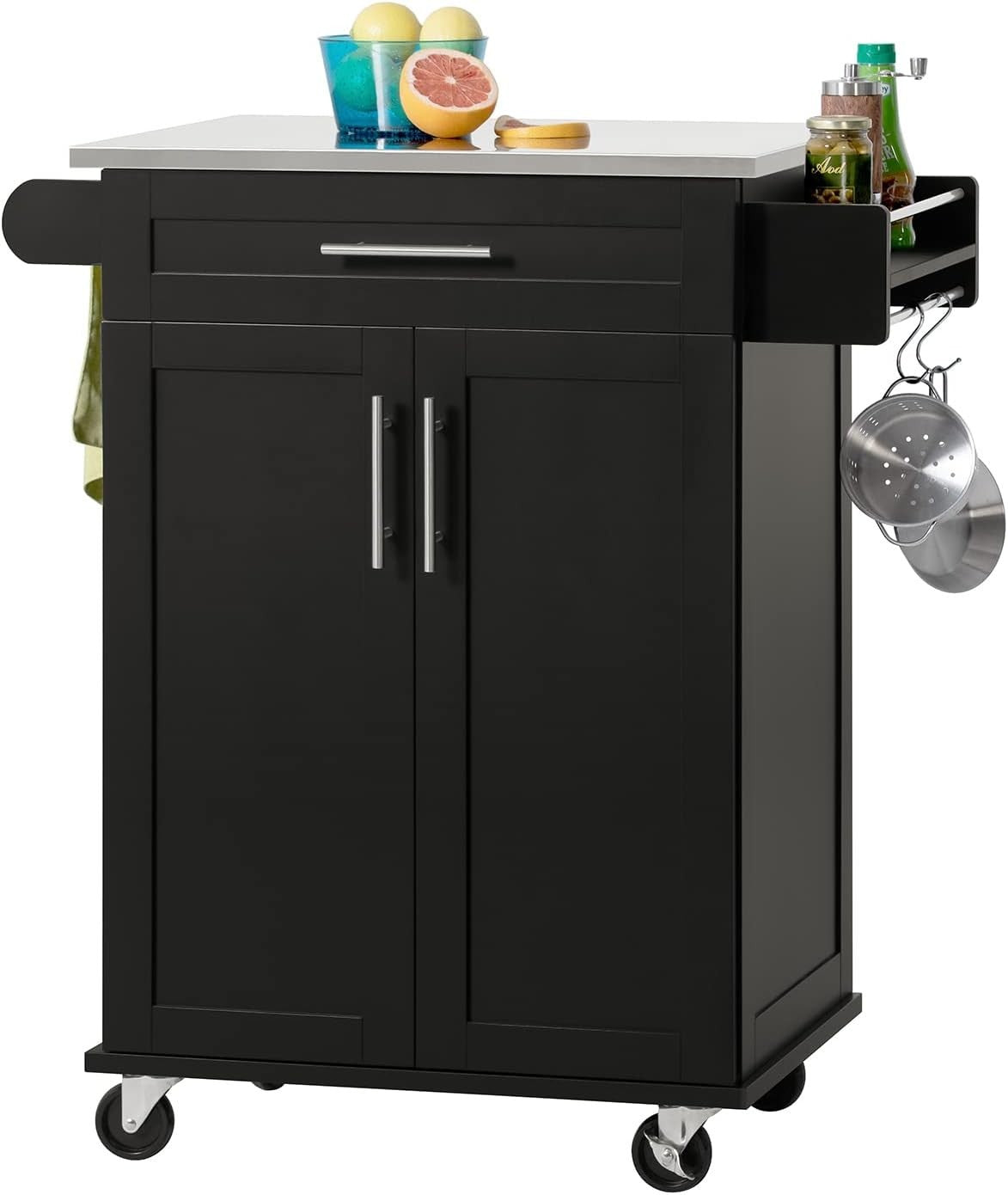 80x46x90cm Kitchen Island Cart Stainless Steel Top Black