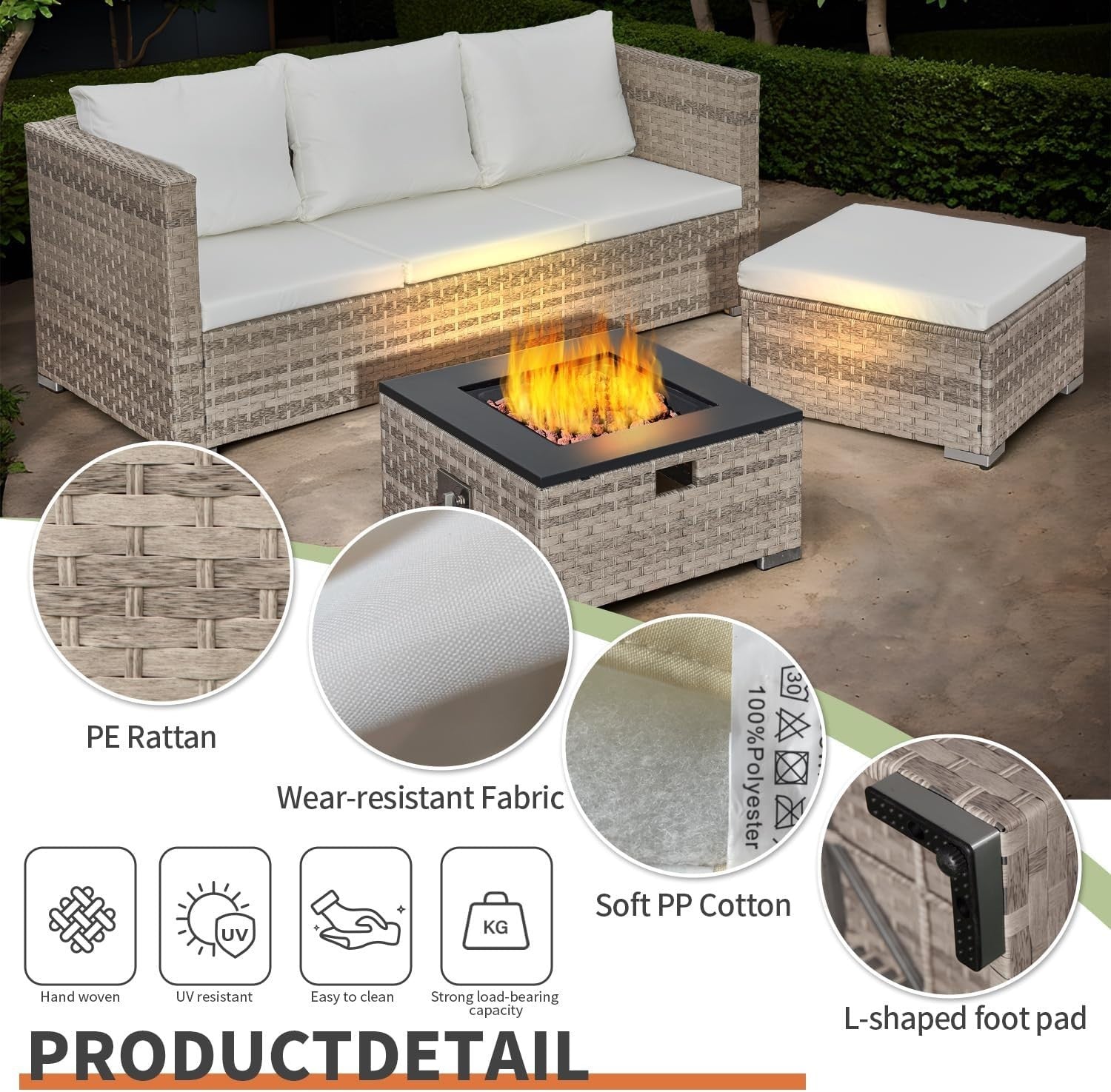Outdoor 3-Piece Rattan Patio Fire Pit Set with Cushions & 40,000 BTU Table