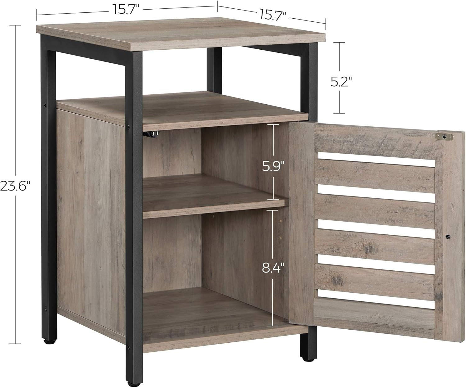 Greige Industrial Bedside Table with Adjustable Shelf & Slatted Drawer