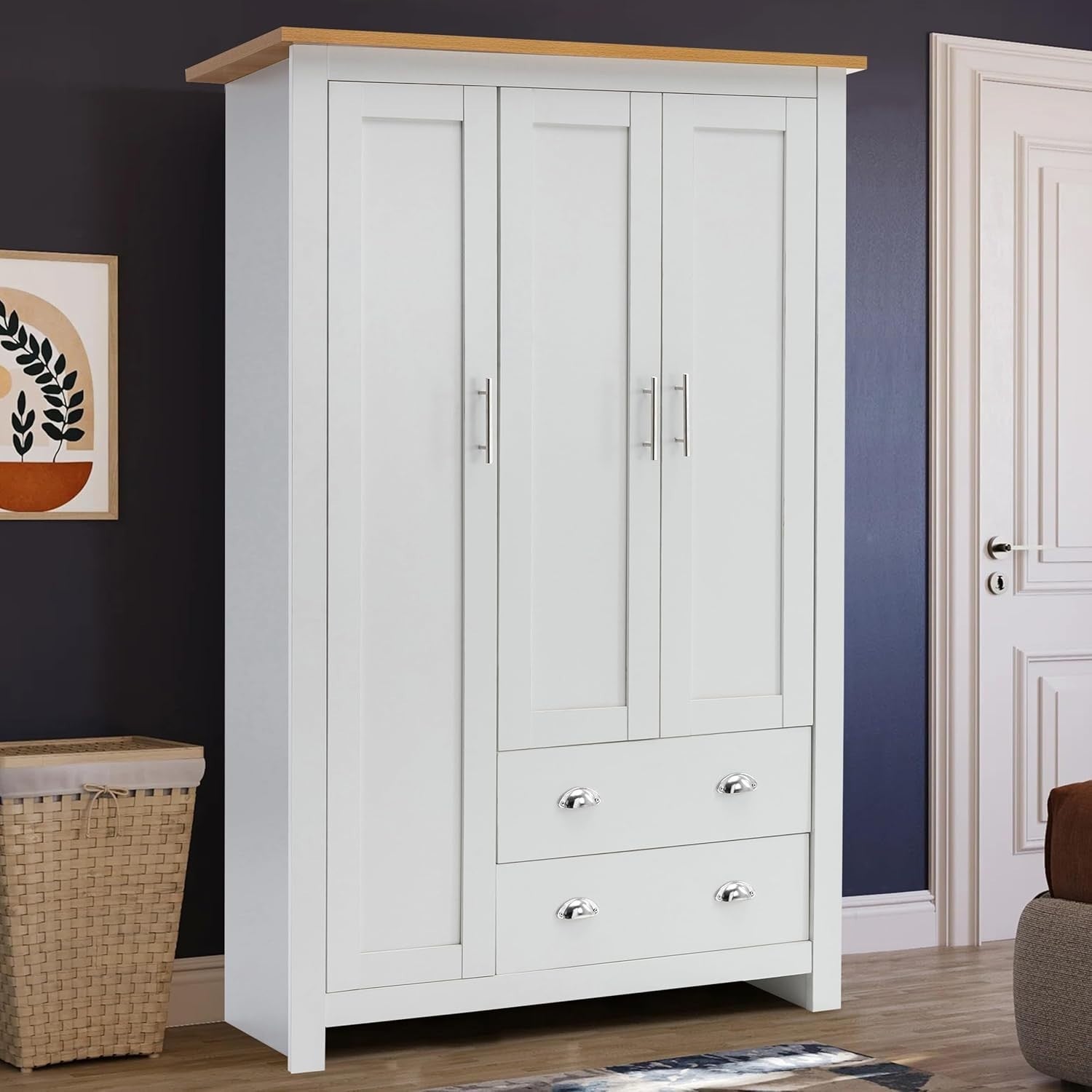 White Oak 3 Door Wardrobe With Drawers & Hanging Rail - Modern Storage