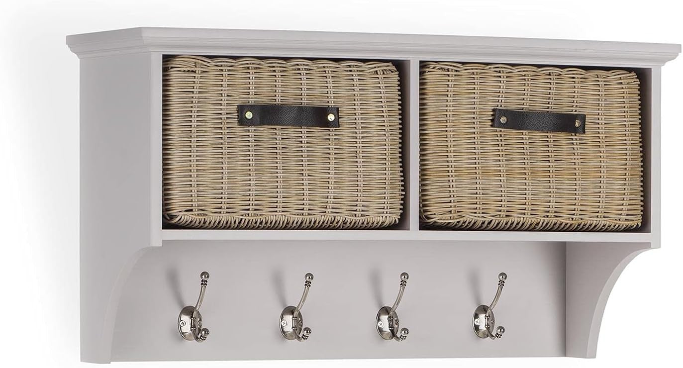 Wall Mounted Coat Rack with Baskets & 4 Hooks Hallway Storage Shelf Unit