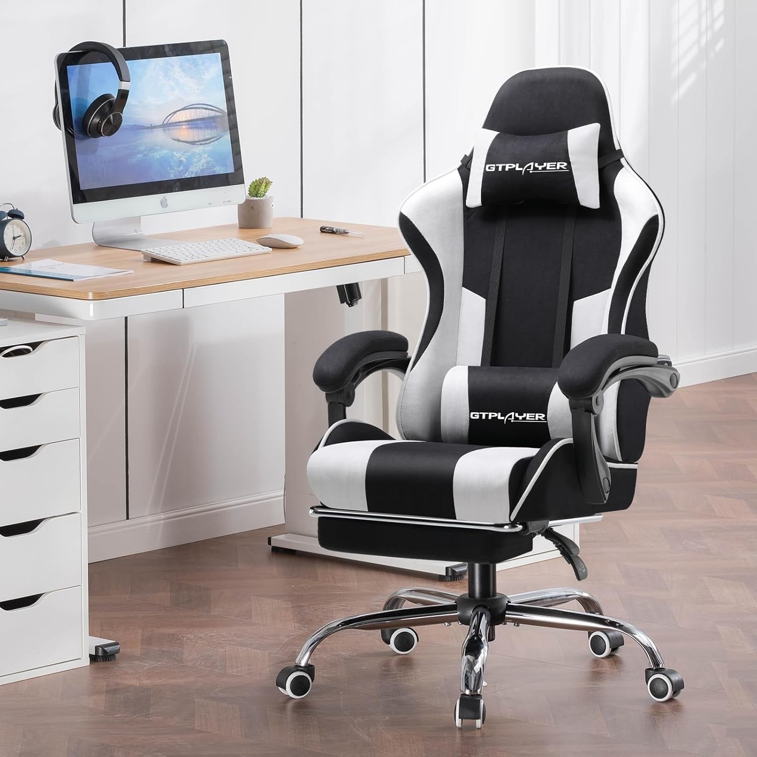 Fabric Gaming Chair w Massage Lumbar Footrest Reclining White