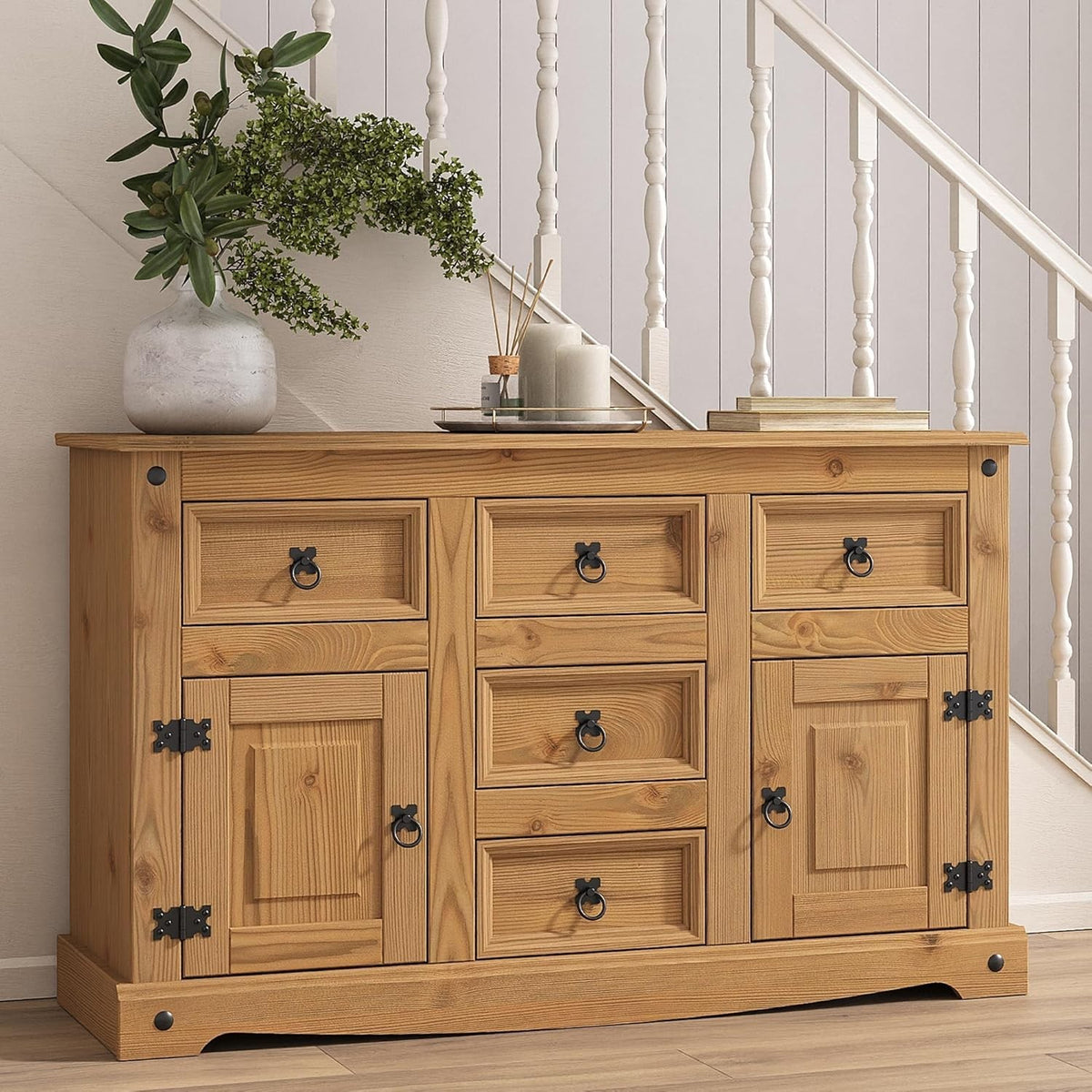 Mexican Solid Pine Sideboard 2 Door 5 Drawer Storage Unit Rustic Wood