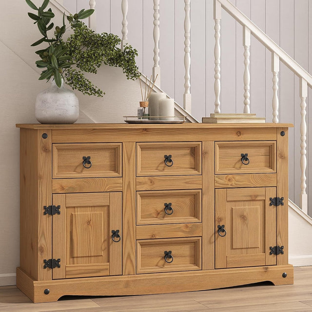 Mexican Solid Pine Sideboard 2 Door 5 Drawer Storage Unit Rustic Wood