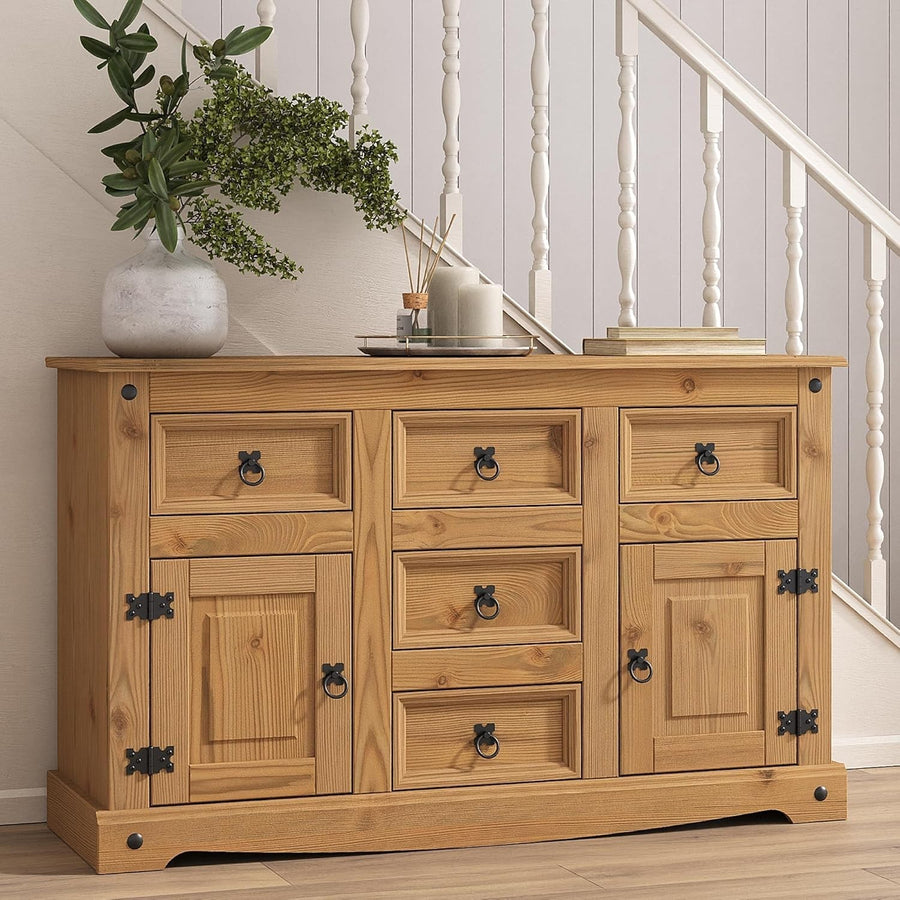 Mexican Solid Pine Sideboard 2 Door 5 Drawer Storage Unit Rustic Wood