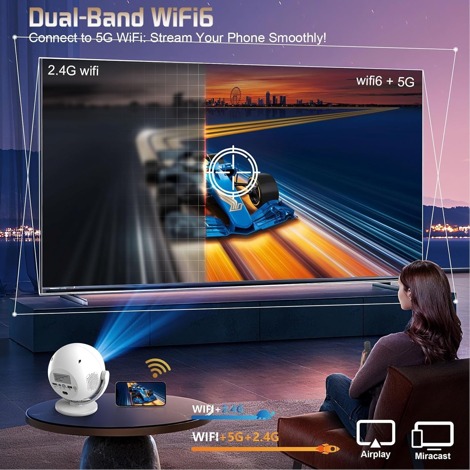 4K Mini Projector 1080P WiFi 6 Bluetooth Auto Keystone 360° Portable