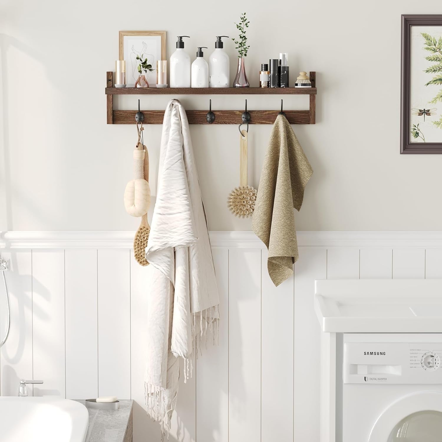 Brown Wall Mounted Coat Rack with Shelf | 5 Hooks Rustic Wooden Organizer