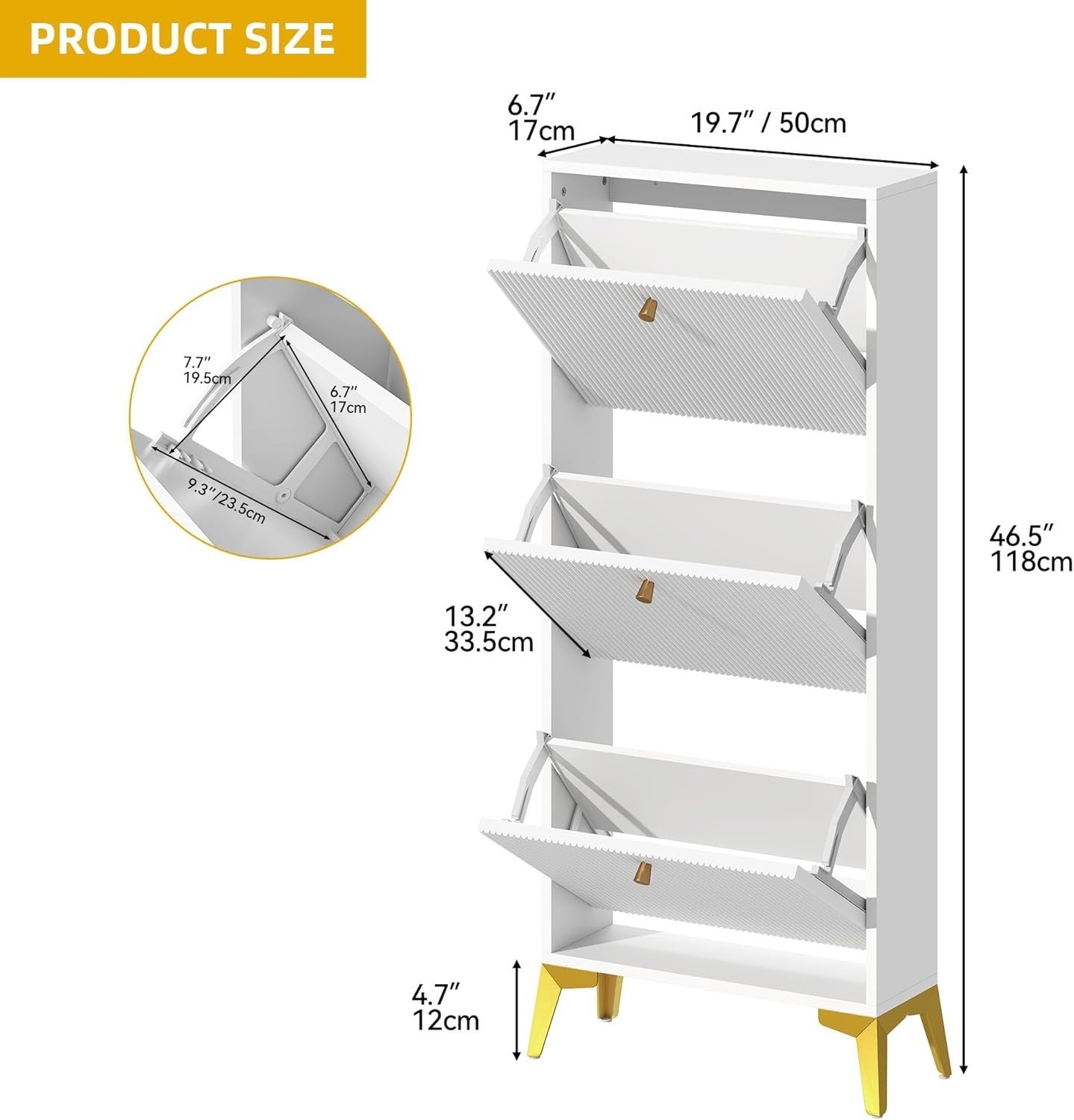 Slim White Shoe Cabinet with 3 Flip Drawers & Adjustable Dividers, Space-Saving