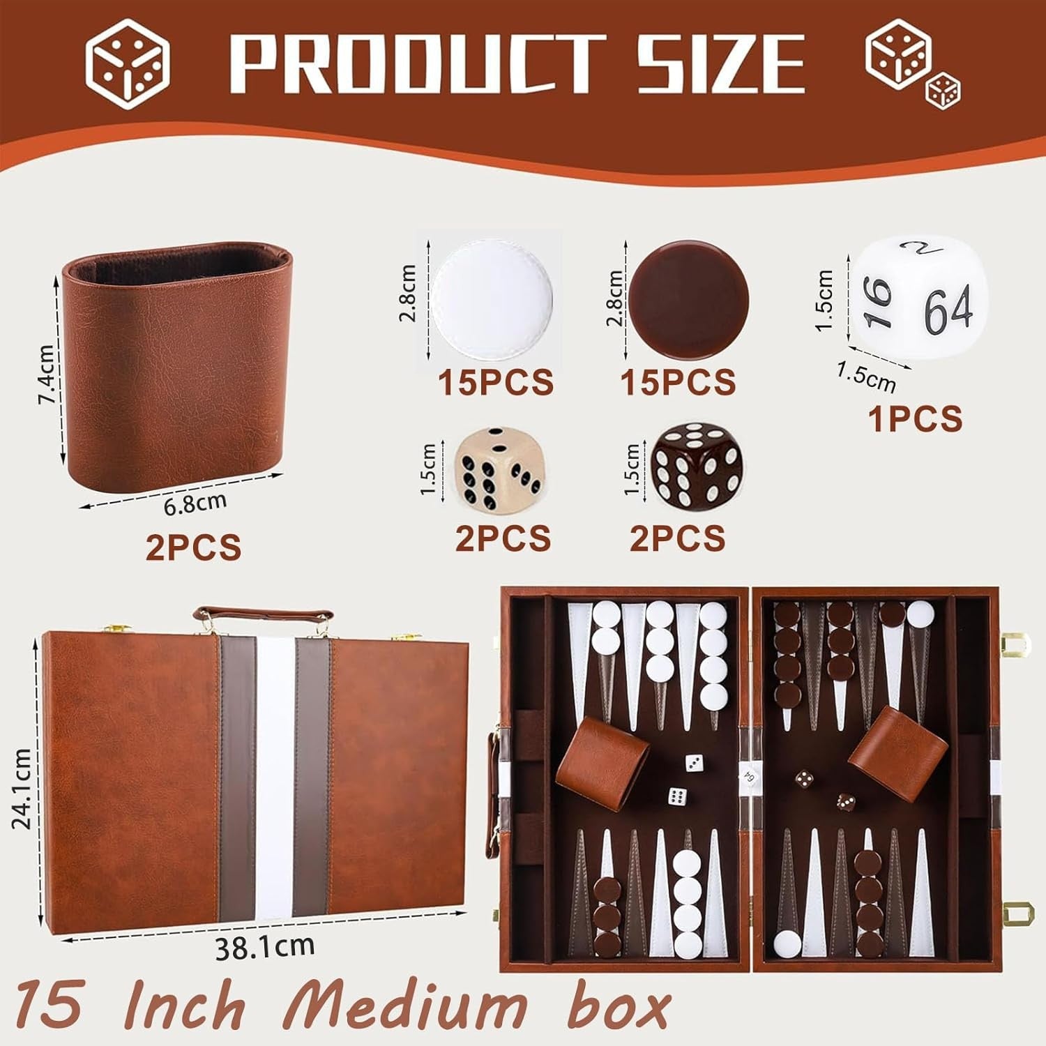 Luxury Backgammon Set 15 Inch Wooden Travel Board with Leather Case