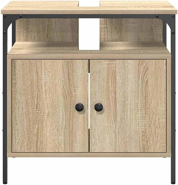 Beige Bathroom Sink Cabinet 60cm Vanity Unit Storage Cupboard with Metal Legs