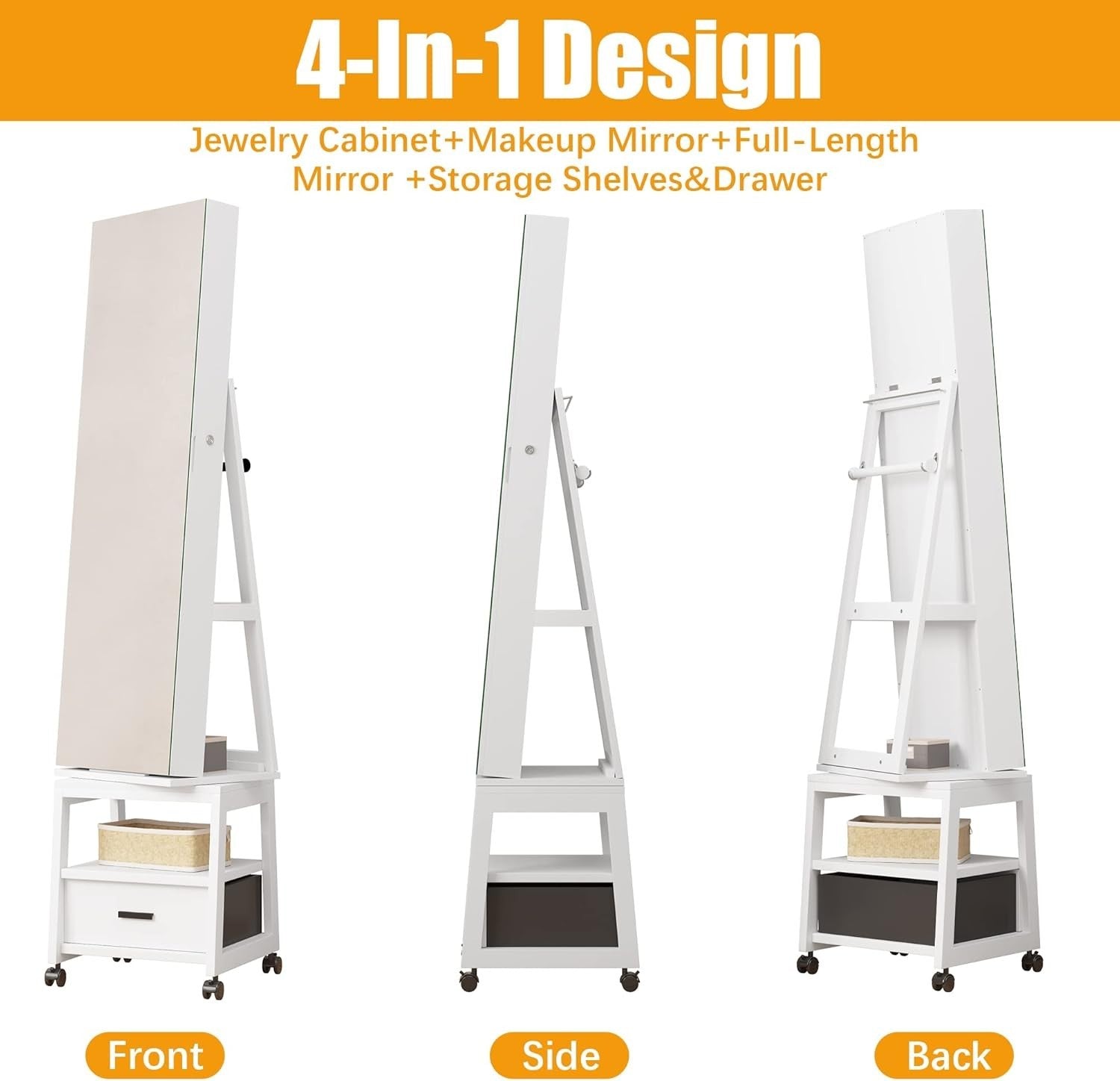 White 360° Rotating Jewellery Cabinet Full Length Mirror Lockable