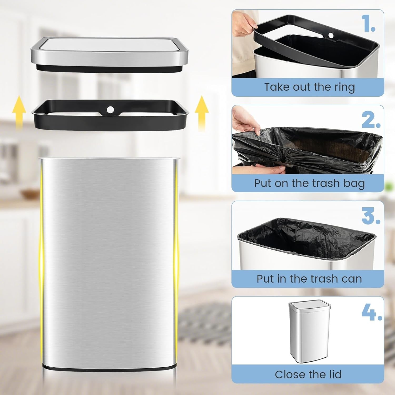 50L Automatic Sensor Kitchen Bin Stainless Steel Soft Close Lid