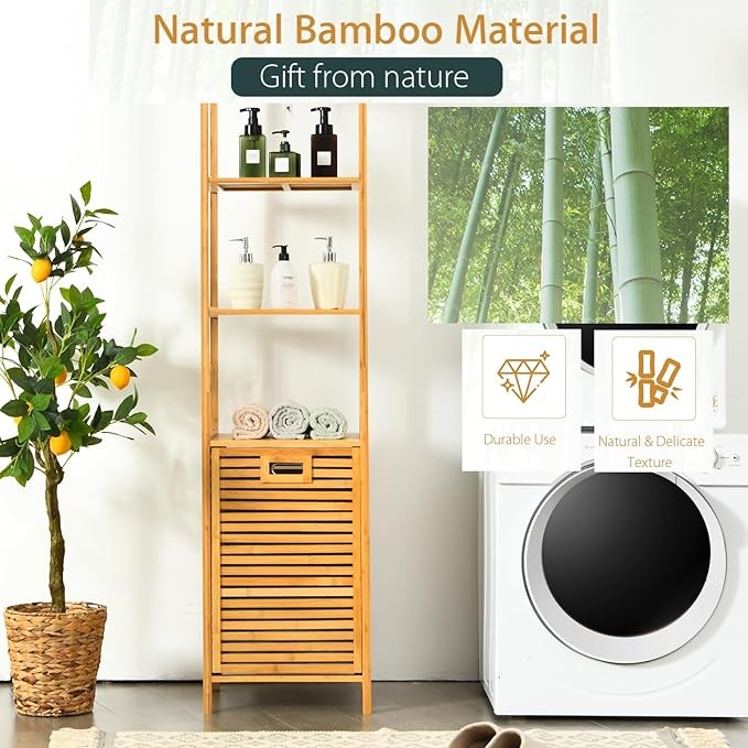 Bamboo Tilt-Out Laundry Hamper with Shelves, 3-Tier Organizer for Bathroom