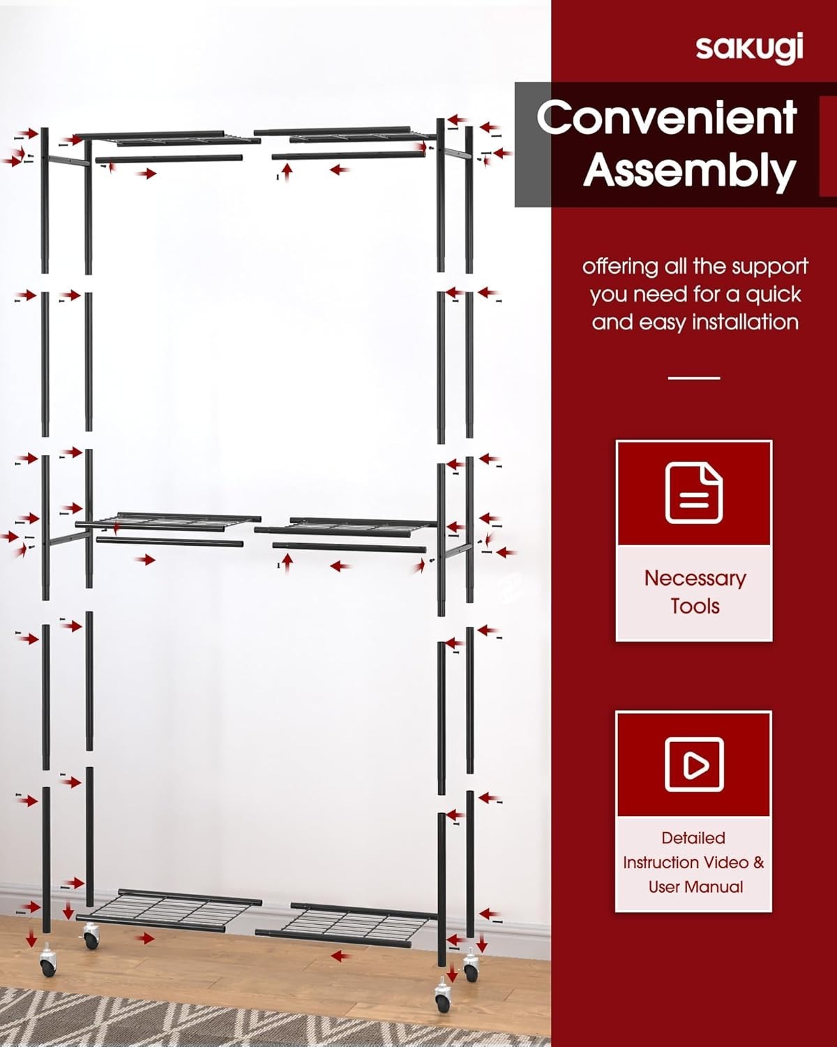 Heavy Duty Clothes Rail with Shelves & Wheels – Black 202cm