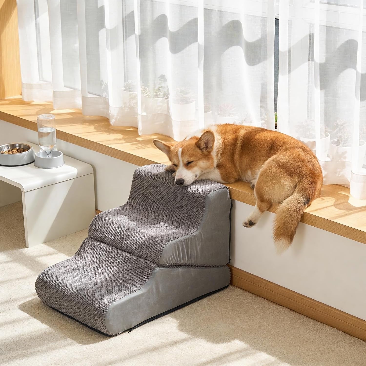 Grey 3 Step Dog Stairs Adjustable Foam Pet Ramp 68x40x40cm