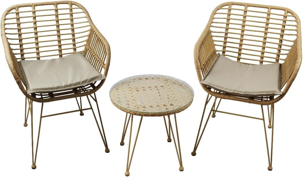 Rattan Garden Bistro Set 2 Chairs Glass Table Balcony Patio Outdoor Seating
