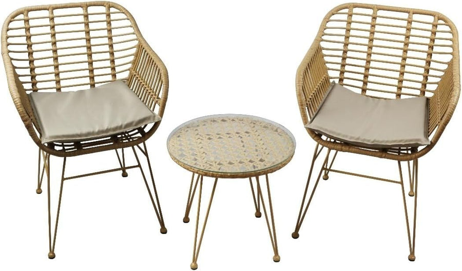 Rattan Garden Bistro Set 2 Chairs Glass Table Balcony Patio Outdoor Seating