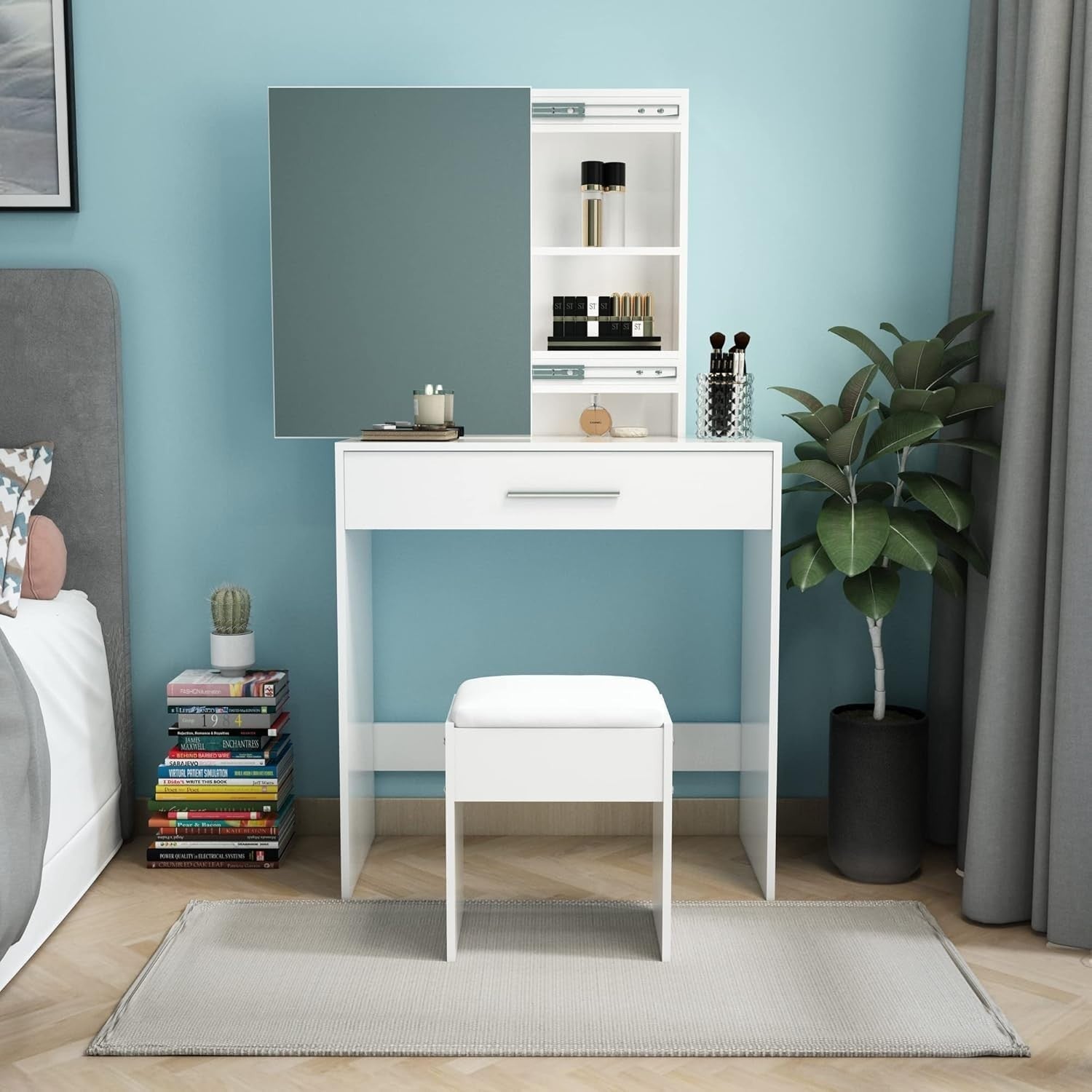 White Soft Padded Vanity Stool Modern Wooden Dressing Table Chair 41x35x45cm