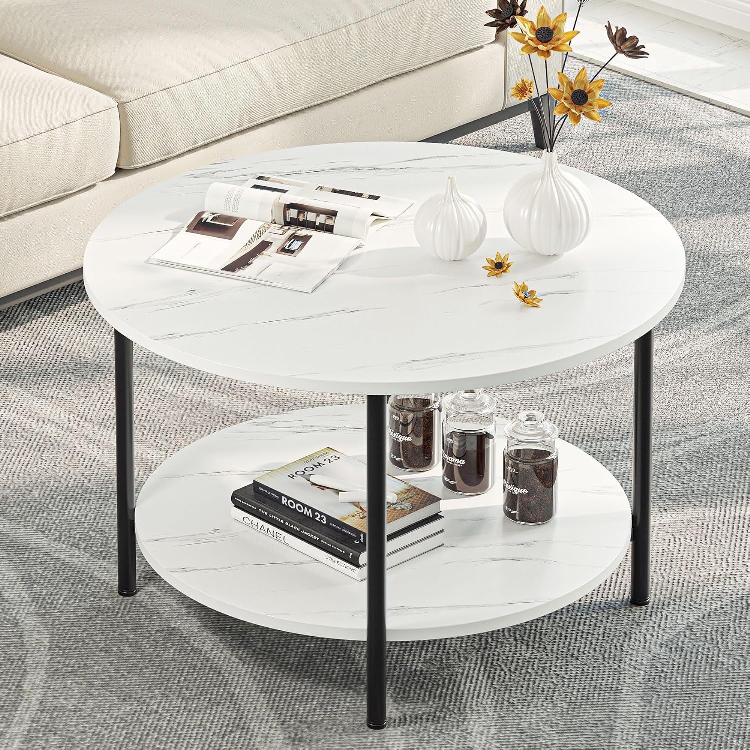 Round Coffee Table with Shelf – 2-Tier Rustic Wood & Metal, 80cm