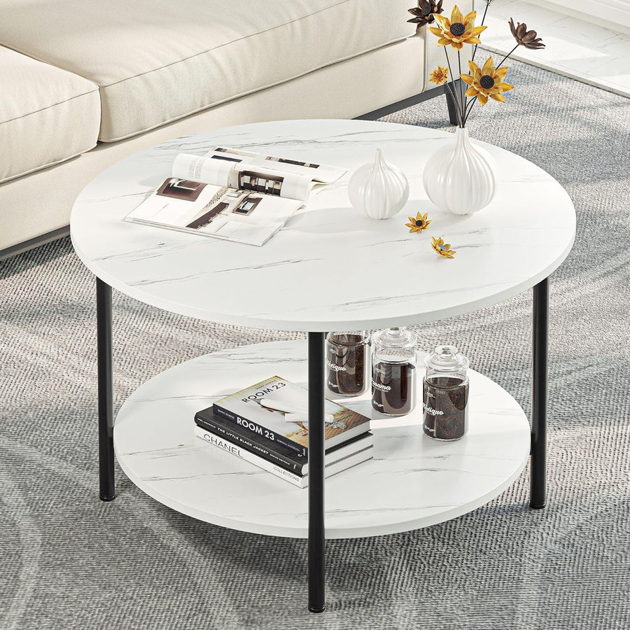 Round Coffee Table with Shelf – 2-Tier Rustic Wood & Metal, 80cm