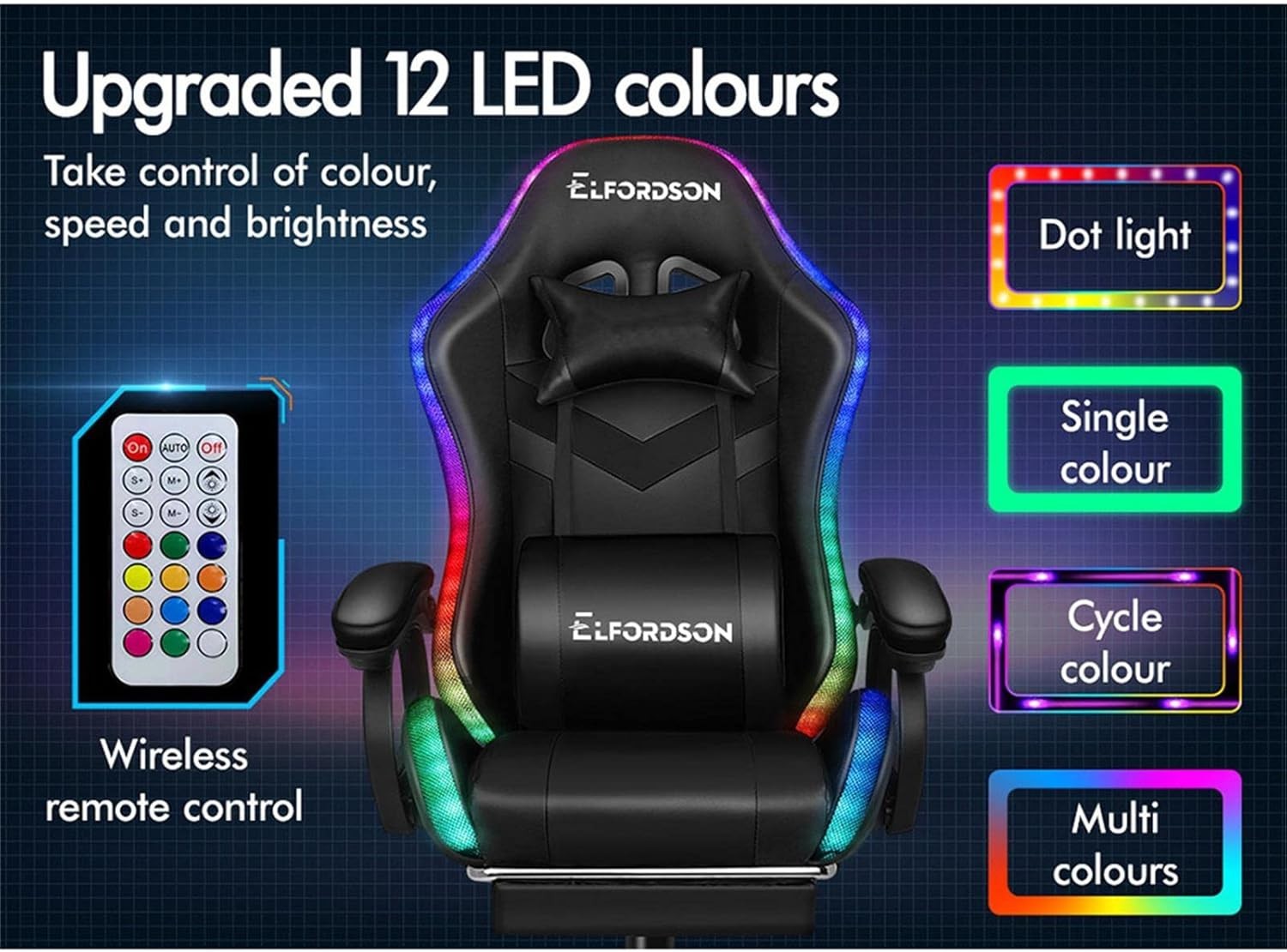Gaming Chair LED Light RGB Racing Office Desk PC Chair Faux Leather 180KG Black