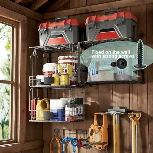 Heavy-Duty Wall Garage Shelf 40x30x60cm 3-Tier Wire Basket Tool Organizer