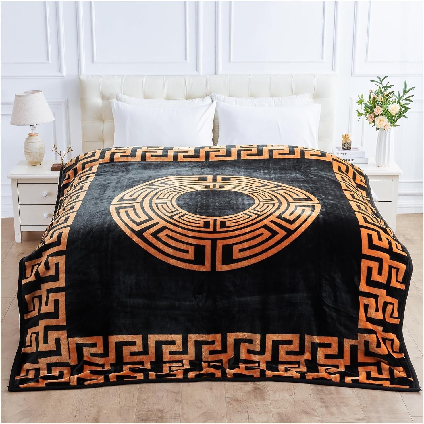 Greek Key 4kg Sherpa Weighted Blanket 200x240cm King Size Bed Throw XL