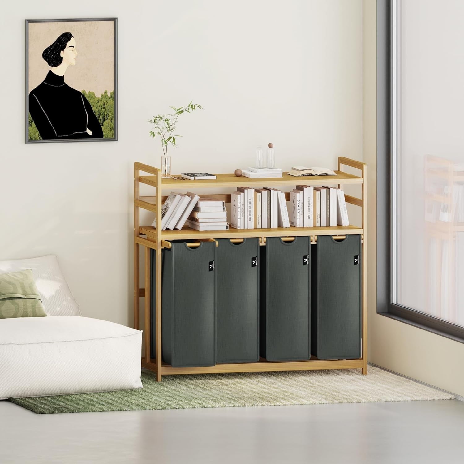 200L 4-Section Laundry Sorter Bamboo Frame Grey With Shelf Removable Bags