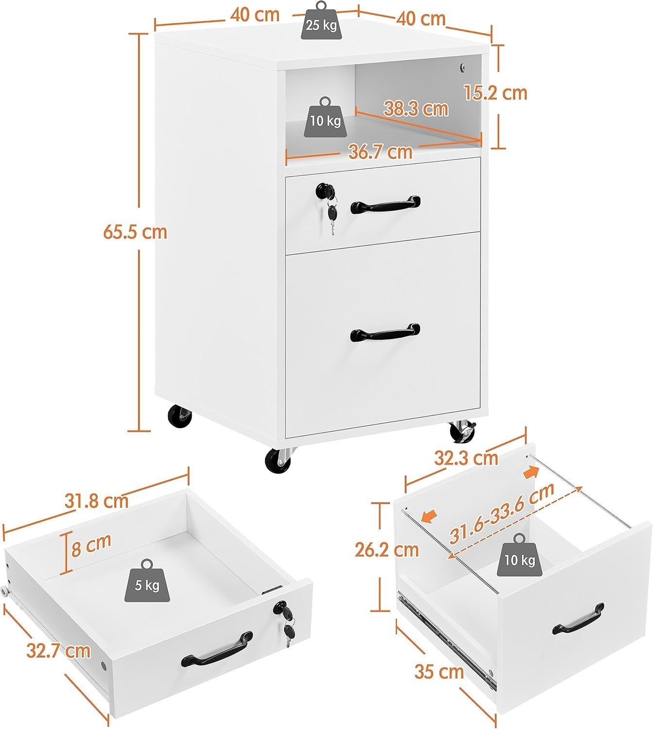 2pc White Rolling File Cabinets A4 Letter Drawers Printer Stand