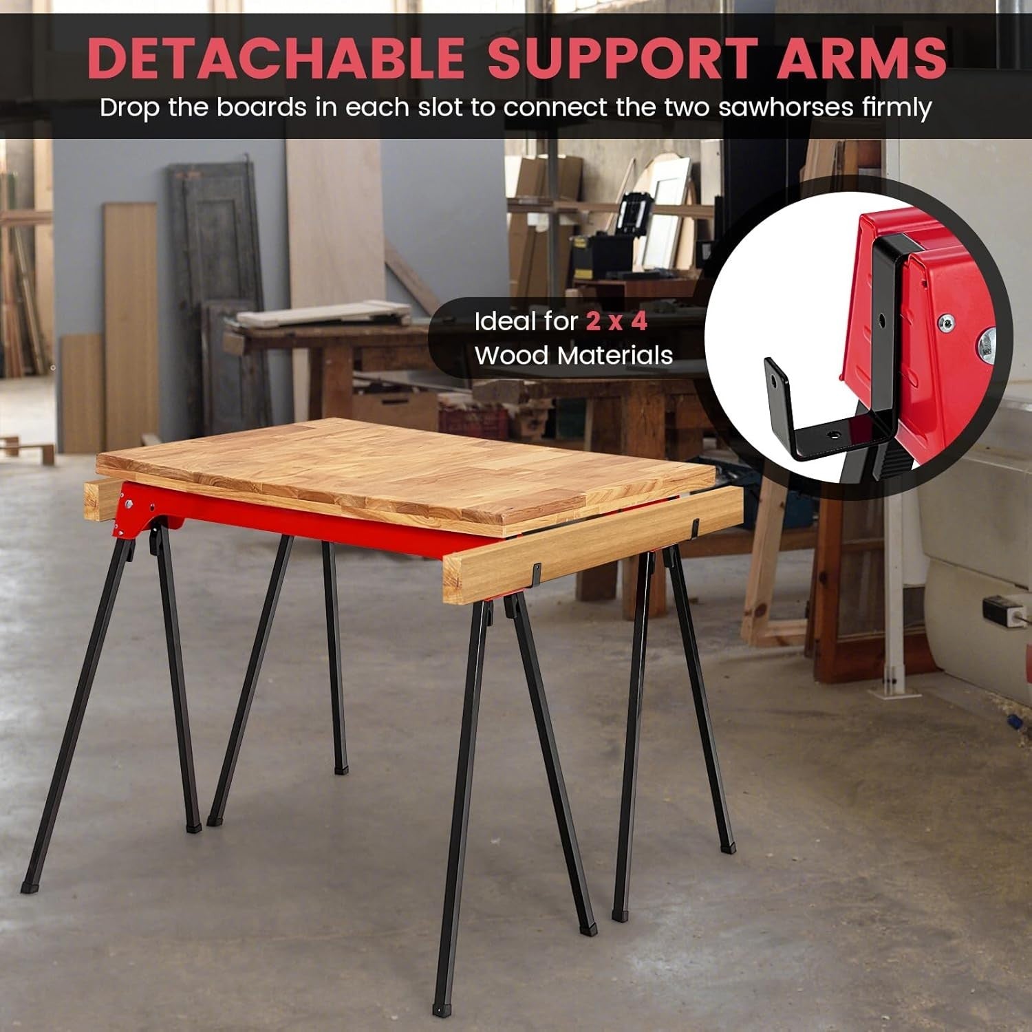 Folding Sawhorse Twin Pack Heavy Duty 454kg 2x4 Support Arms Red 92x48
