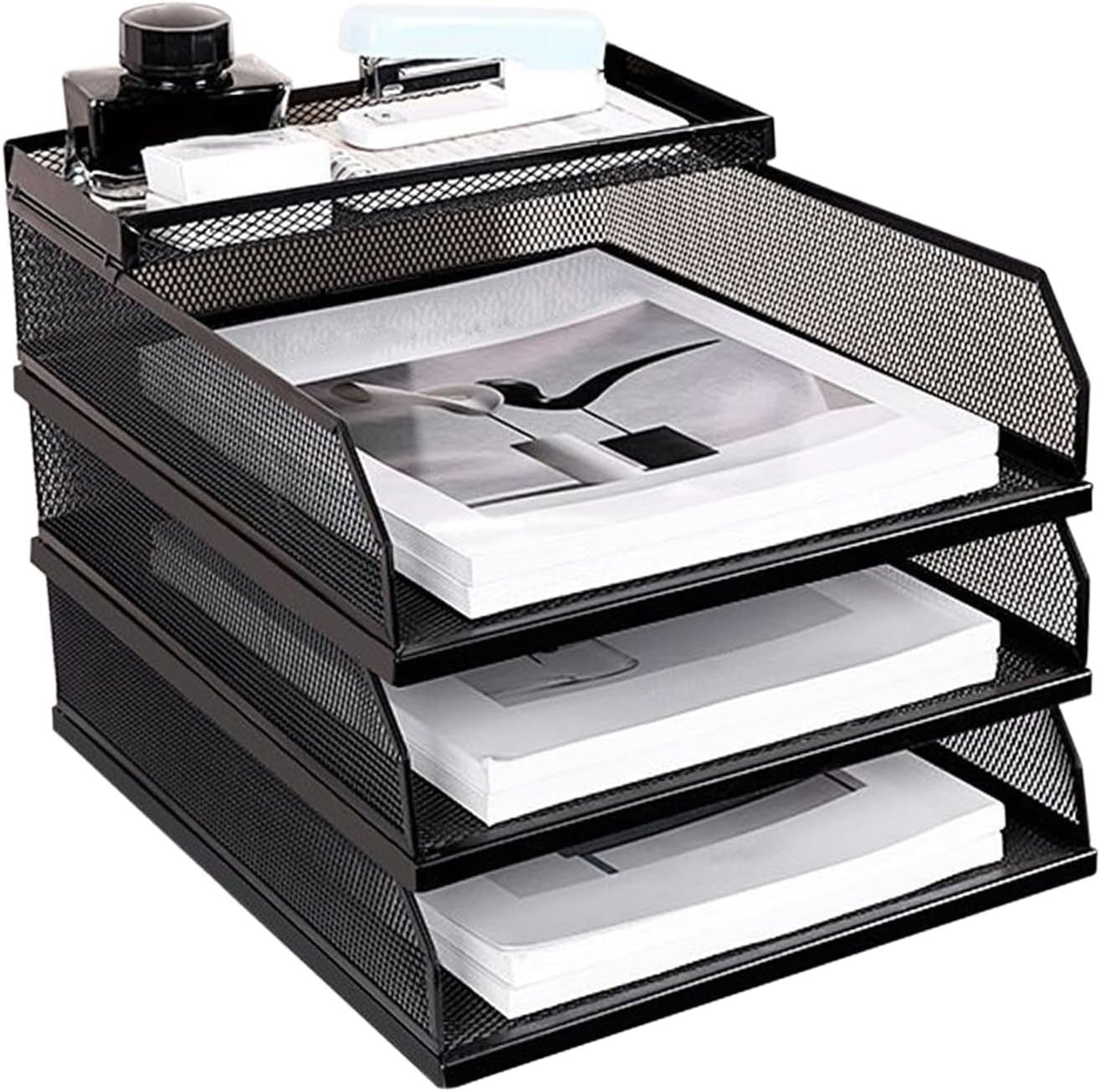 Desk File Organizer Vertical Mesh Paper Tray | 3-Layer Stackable Office Storage
