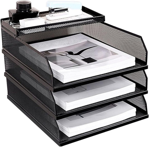 Desk File Organizer Vertical Mesh Paper Tray | 3-Layer Stackable Office Storage