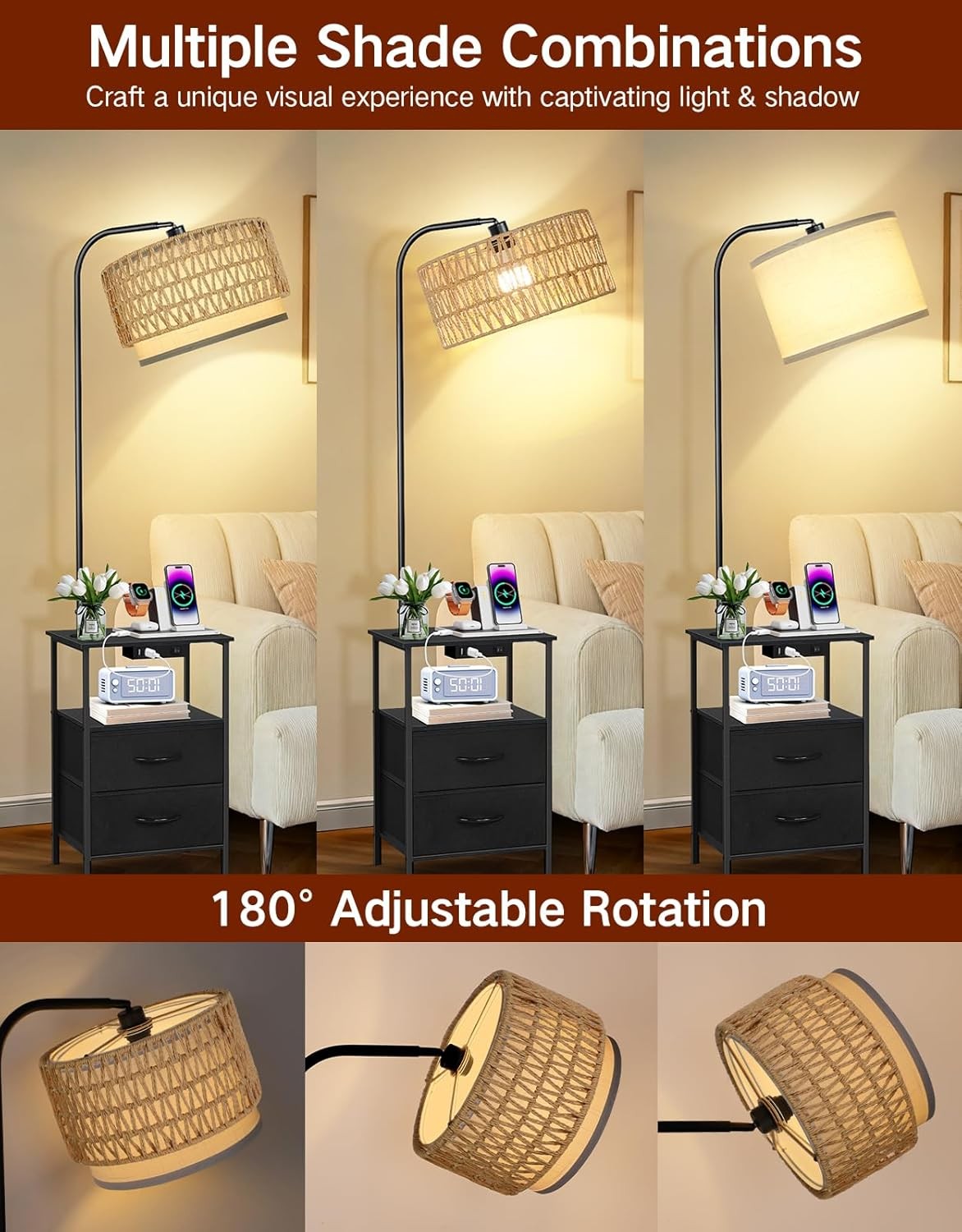 Floor Lamp with Table Drawers Rattan Shade Dimmable LED Charging Station