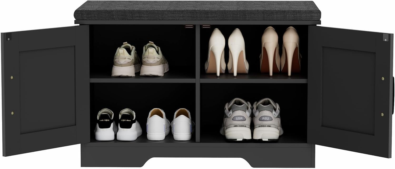 Black 2-Tier Shoe Bench with Cushion & Adjustable Shelf 70x35x45cm