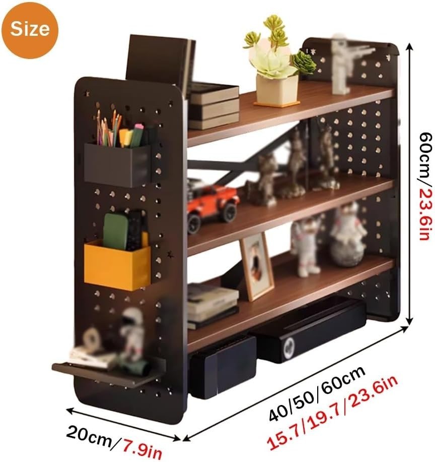 3 Tier Desktop Bookshelf 15.7" Adjustable Desk Hutch Storage Rack w/ Grid Board