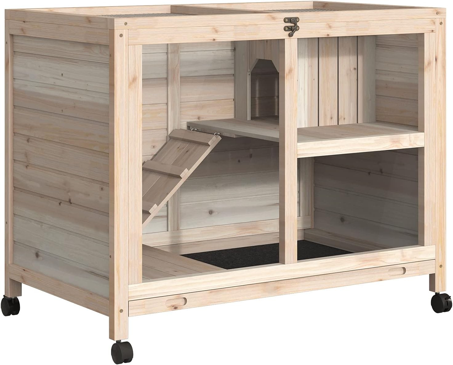 Indoor Rabbit Guinea Pig Cage Wooden Hutch 2 Tier Wheels Open Roof